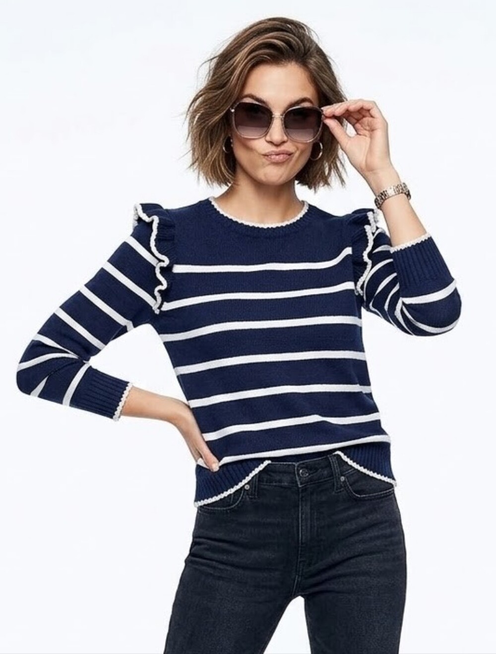 Navy and White Striped Sweater Ruffle Shoulder Small